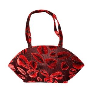 Vintage Velvet Damask Tapestry Beaded Floral Leaf Fan Shape Shoulder Bag